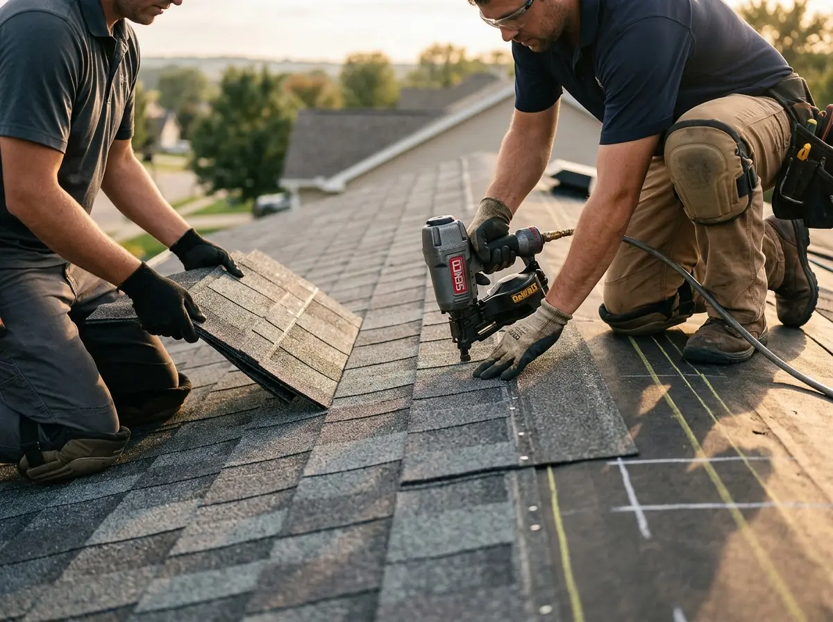 Professional roofer working on a residential roof in Sammamish
